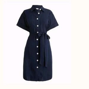 J. Crew Factory Linen-blend belted mini shirt-dress Womens Size Small Navy Blue